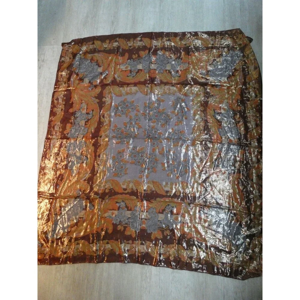VTG Oscar de la Renta Accessory St Metallic Woven Floral Scarf Multicolor 44